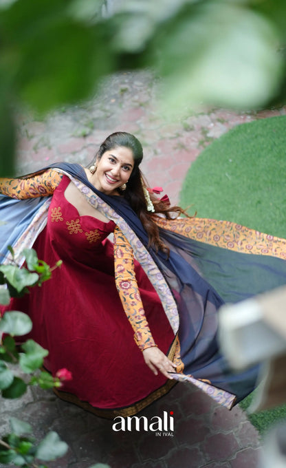 Dark Red and Black Chettinad Cotton Anarkali Anarkalis