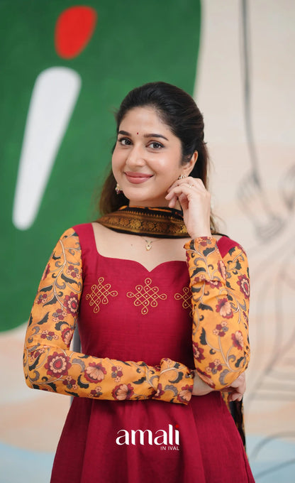 Dark Red and Black Chettinad Cotton Anarkali Anarkalis