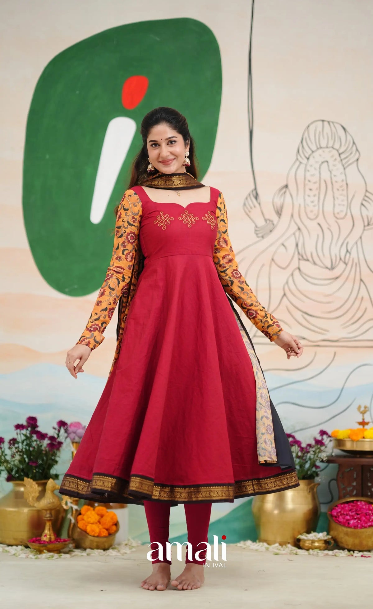 Dark Red and Black Chettinad Cotton Anarkali Anarkalis