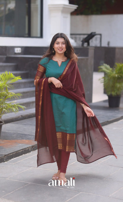 Dark Teal Blue and Maroonish Brown Chettinad Cotton Salwar Set - salwar
