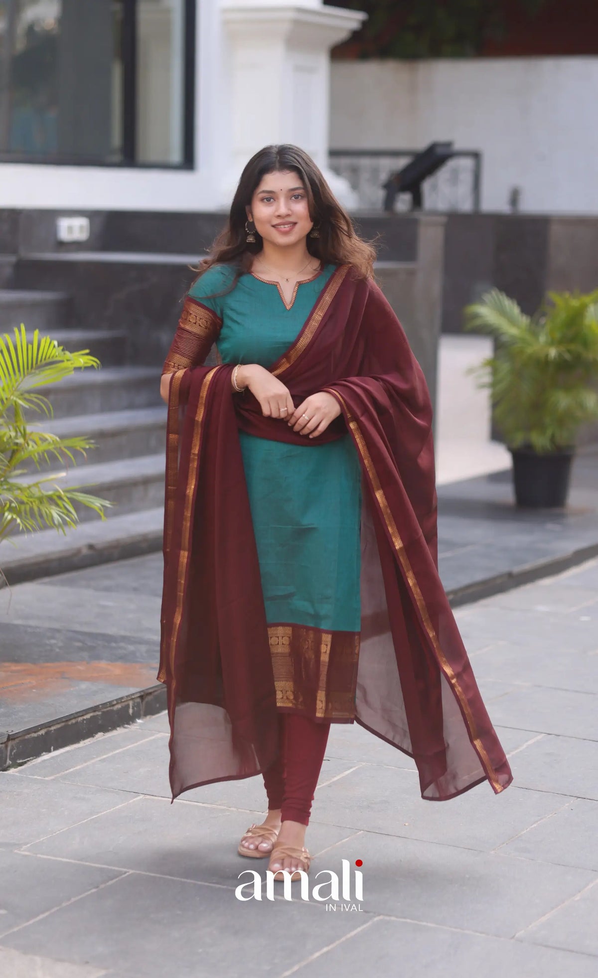Dark Teal Blue and Maroonish Brown Chettinad Cotton Salwar Set - salwar