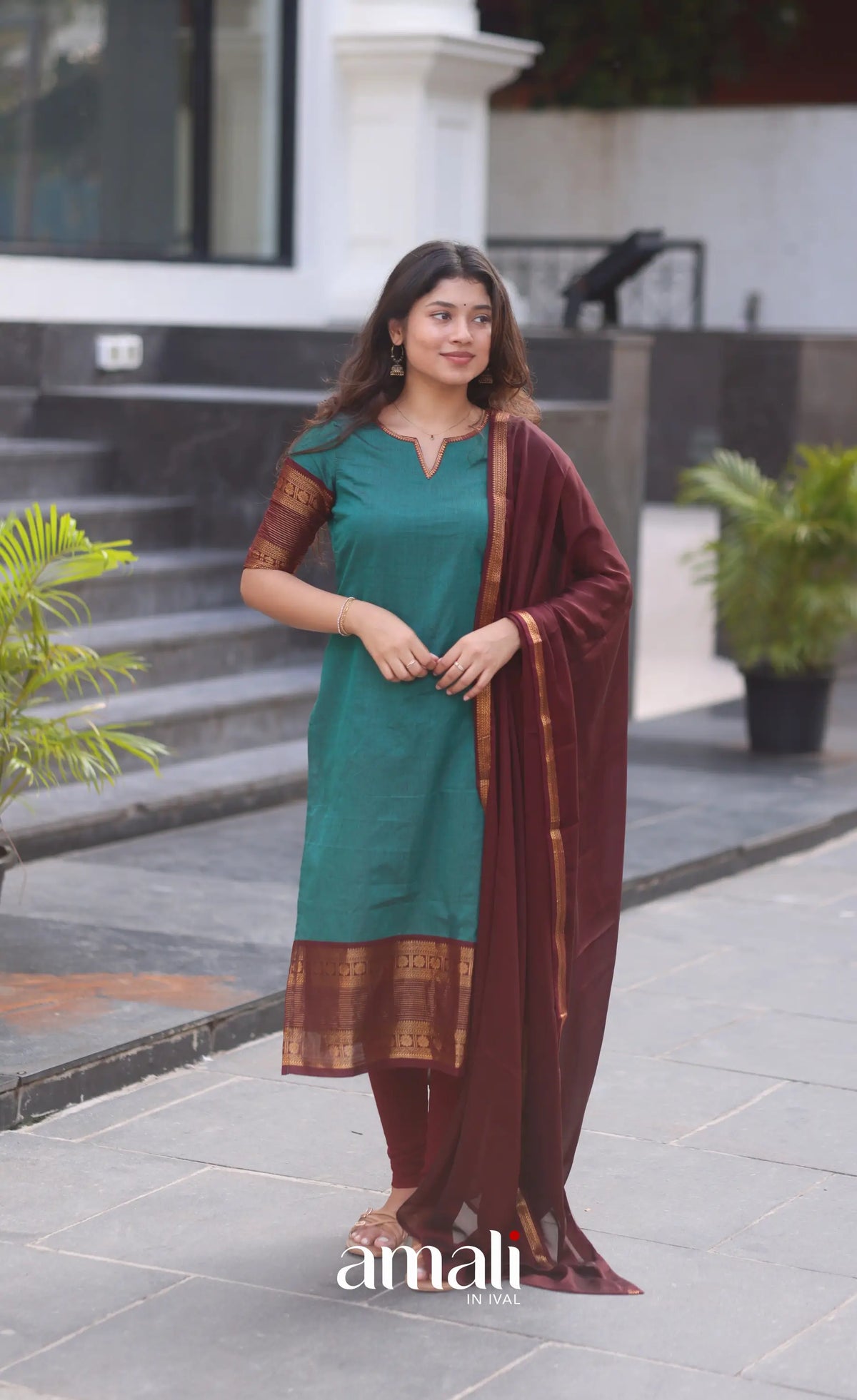 Dark Teal Blue and Maroonish Brown Chettinad Cotton Salwar Set - salwar