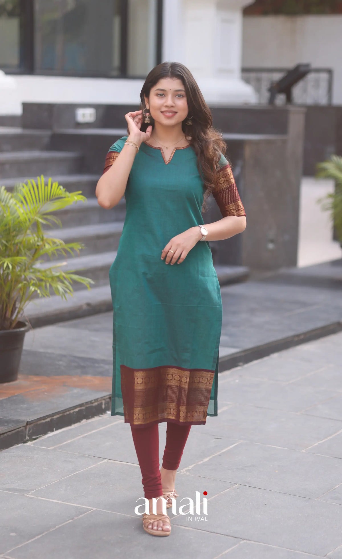 Dark Teal Blue and Maroonish Brown Chettinad Cotton Salwar Set - salwar