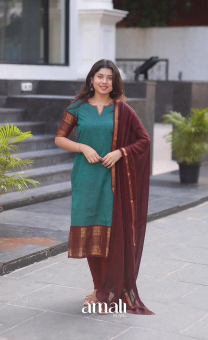 Dark Teal Blue and Maroonish Brown Chettinad Cotton Salwar Set - salwar