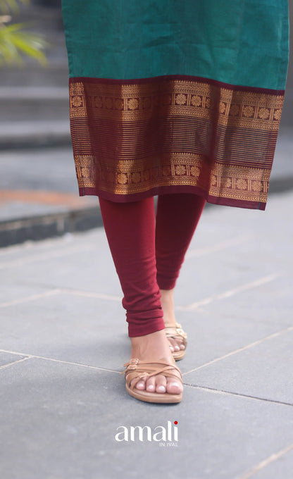 Dark Teal Blue and Maroonish Brown Chettinad Cotton Salwar Set - salwar
