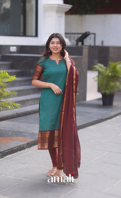 Dark Teal Blue and Maroonish Brown Chettinad Cotton Salwar Set - salwar