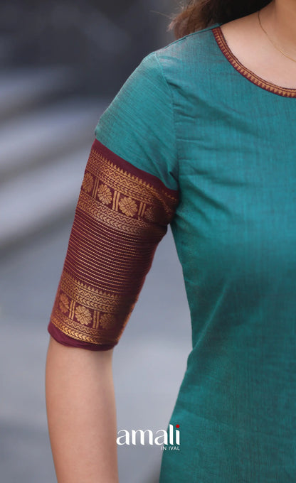 Dark Teal Blue and Maroonish Brown Chettinad Cotton Salwar Set - salwar