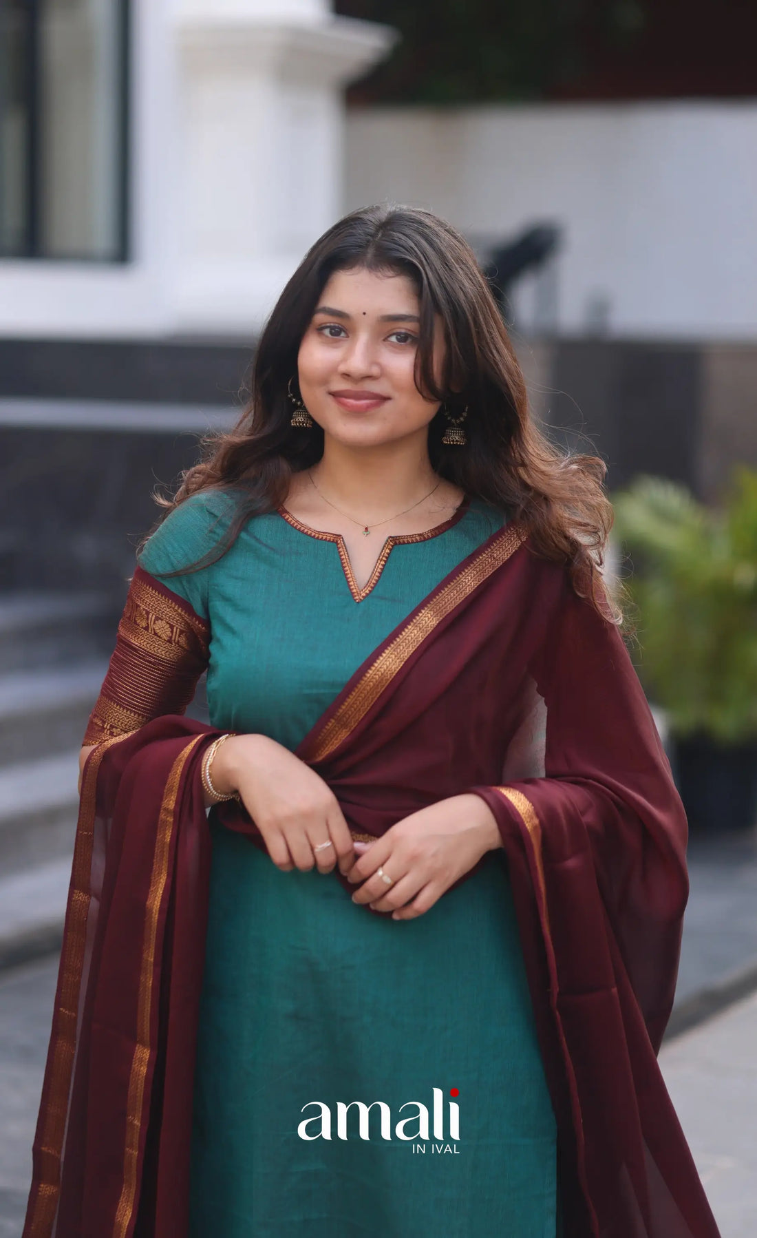 Dark Teal Blue and Maroonish Brown Chettinad Cotton Salwar Set - salwar