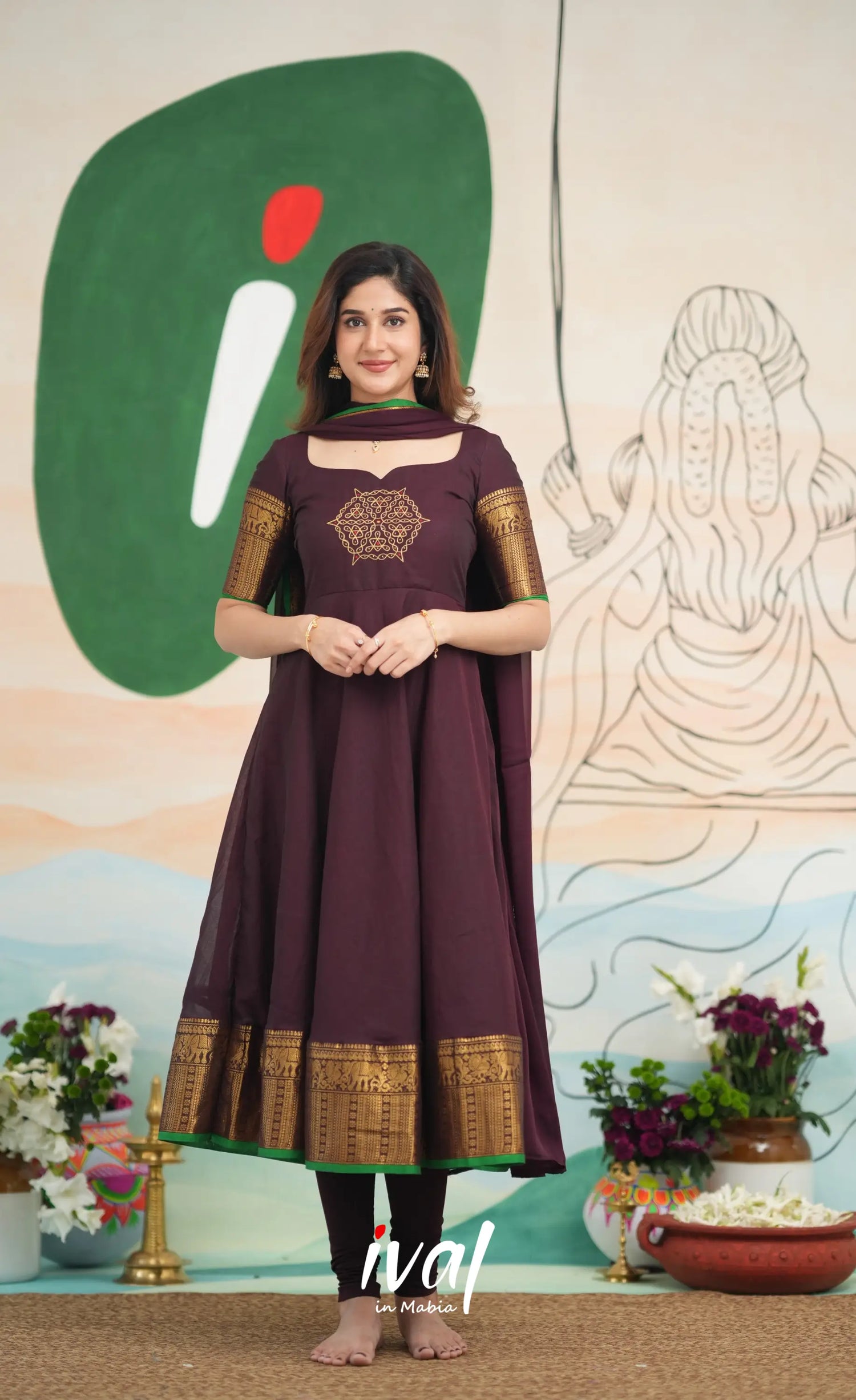 Dark Wine and Green Cotton Anarkali - PRE ORDER Anarkalis