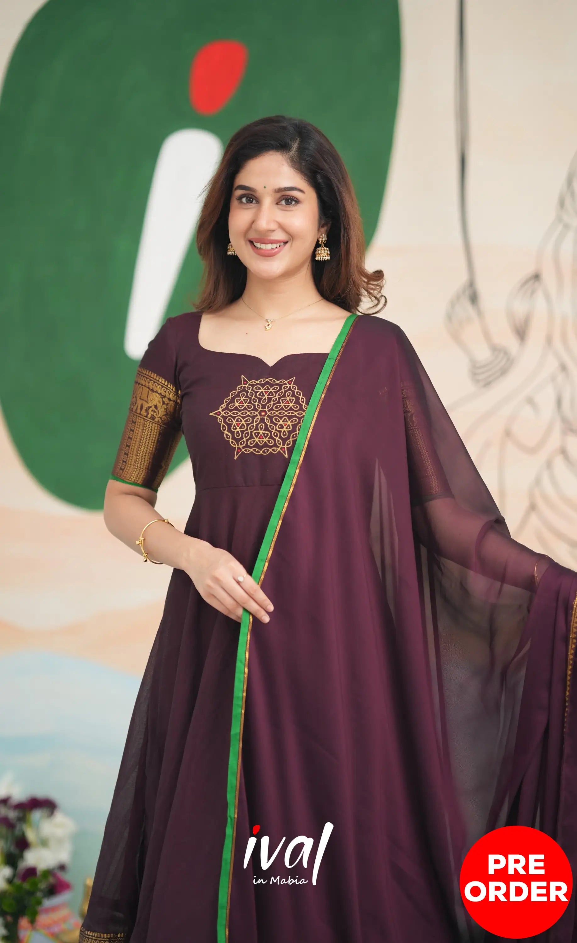 Dark Wine and Green Cotton Anarkali - PRE ORDER Anarkalis