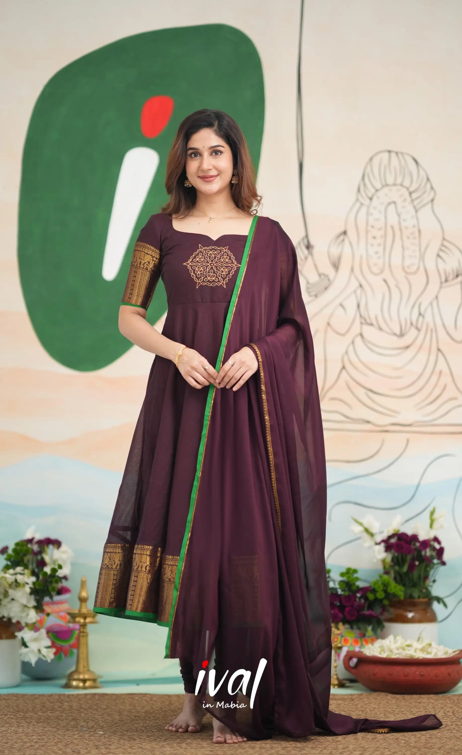 Dark Wine and Green Cotton Anarkali - PRE ORDER Anarkalis