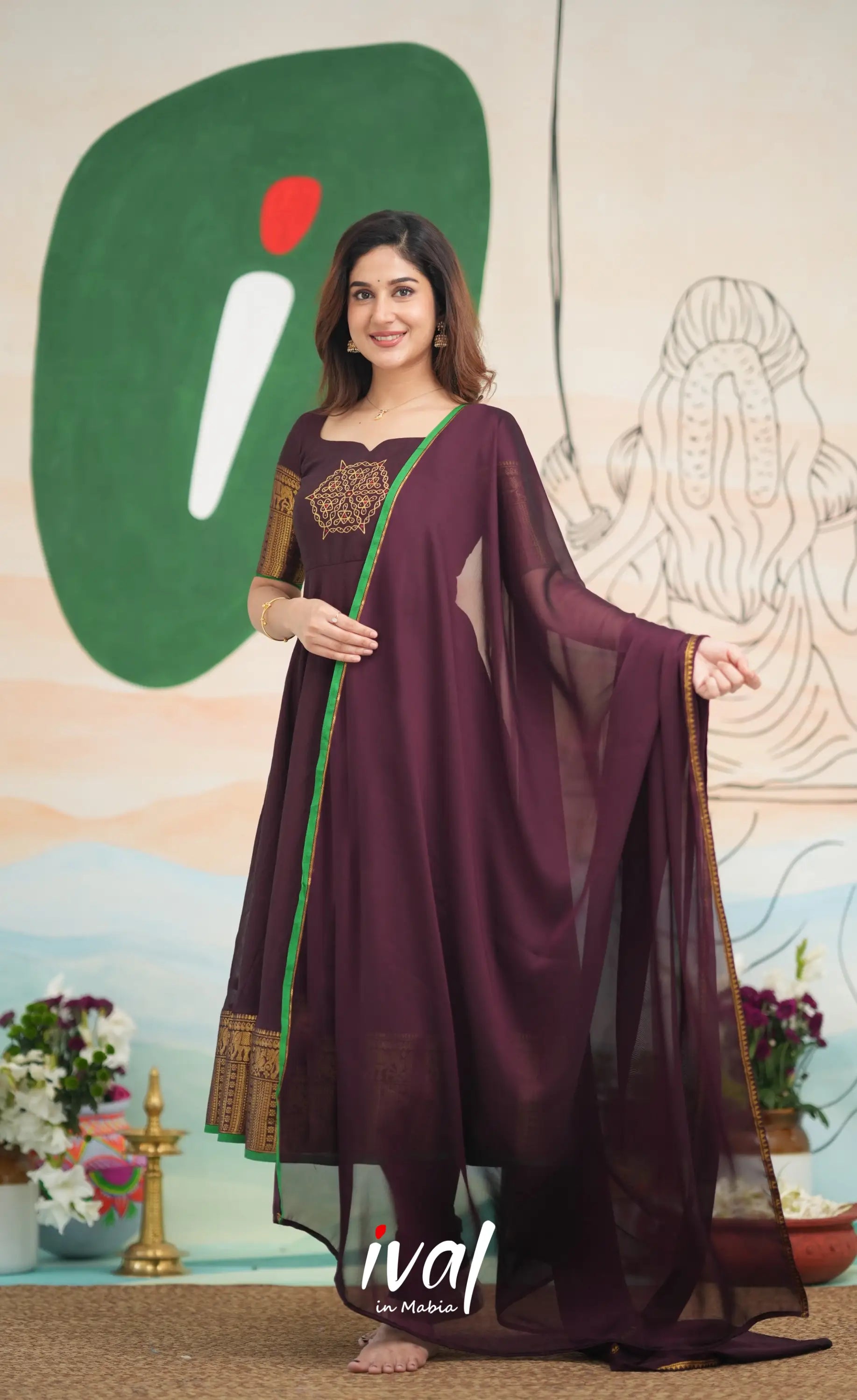 Dark Wine and Green Cotton Anarkali - PRE ORDER Anarkalis