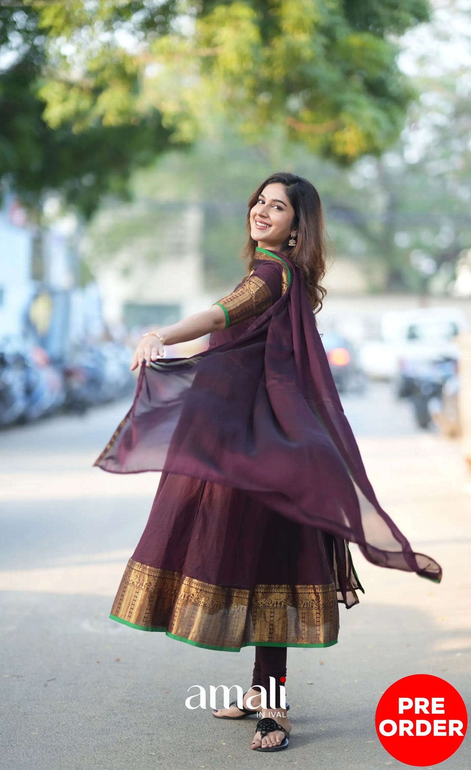 Dark Plum and Green Cotton Anarkali Anarkalis
