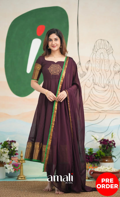 Dark Plum and Green Cotton Anarkali Anarkalis