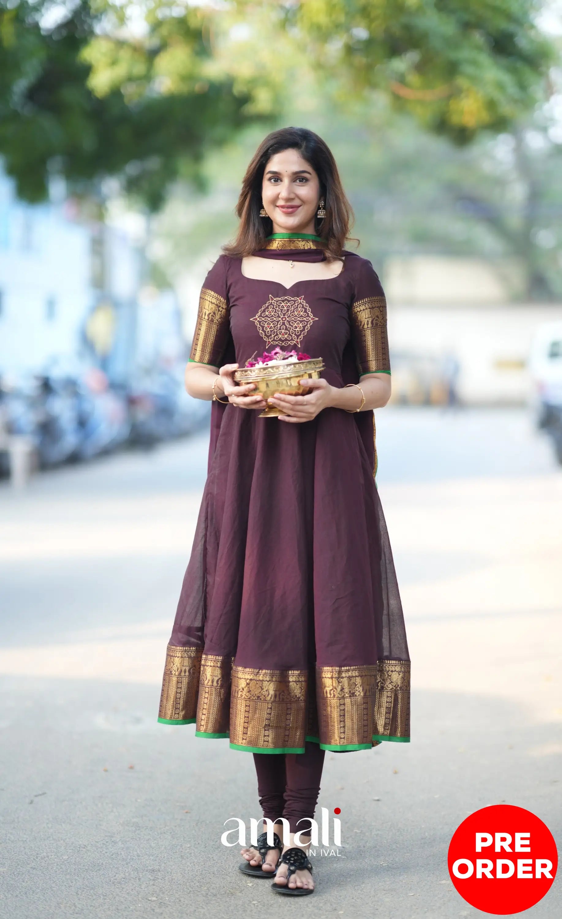 Dark Plum and Green Cotton Anarkali Anarkalis