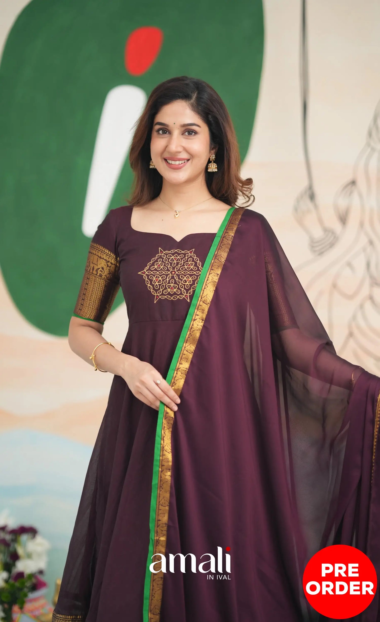 Dark Plum and Green Cotton Anarkali Anarkalis