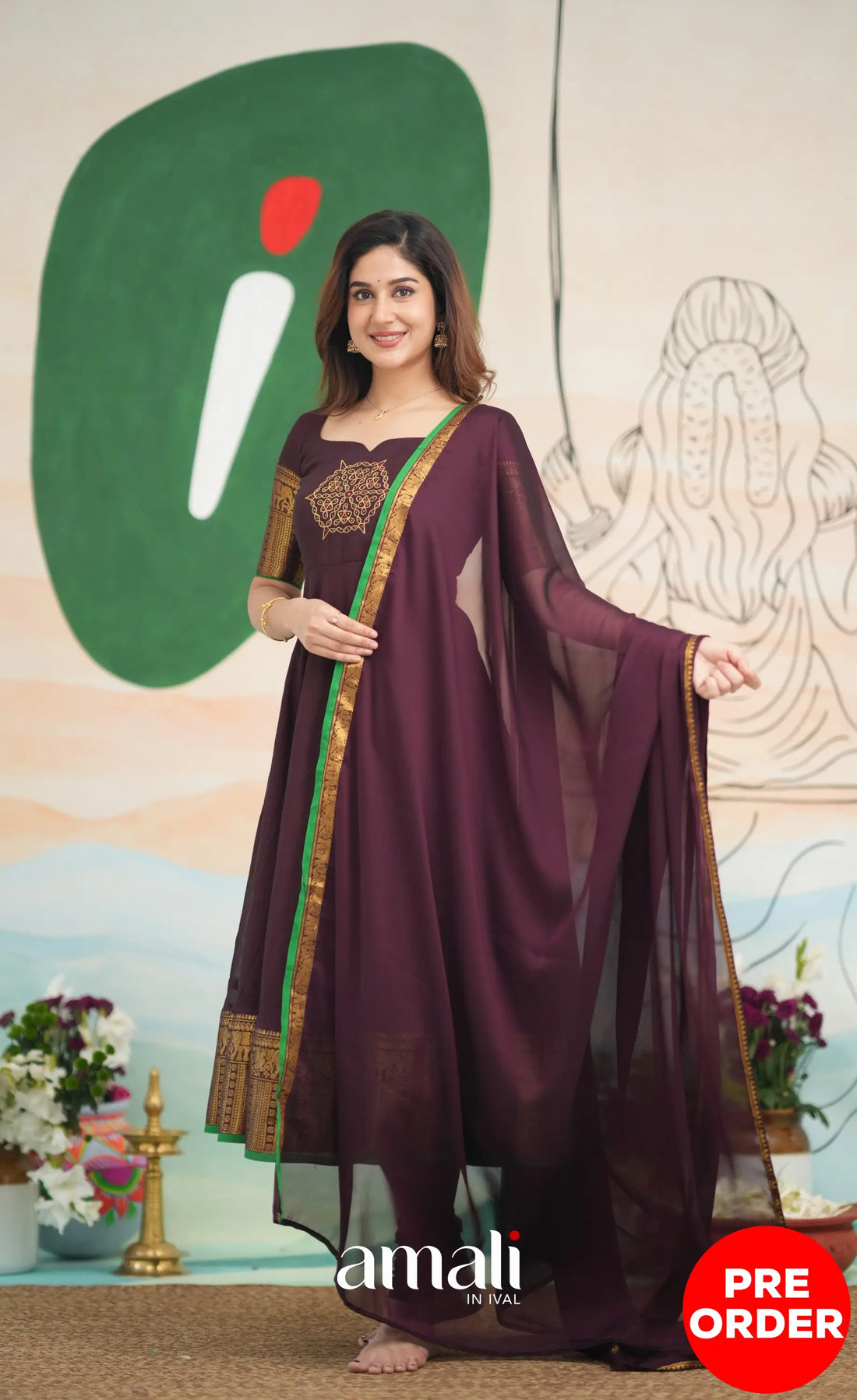 Dark Plum and Green Cotton Anarkali Anarkalis