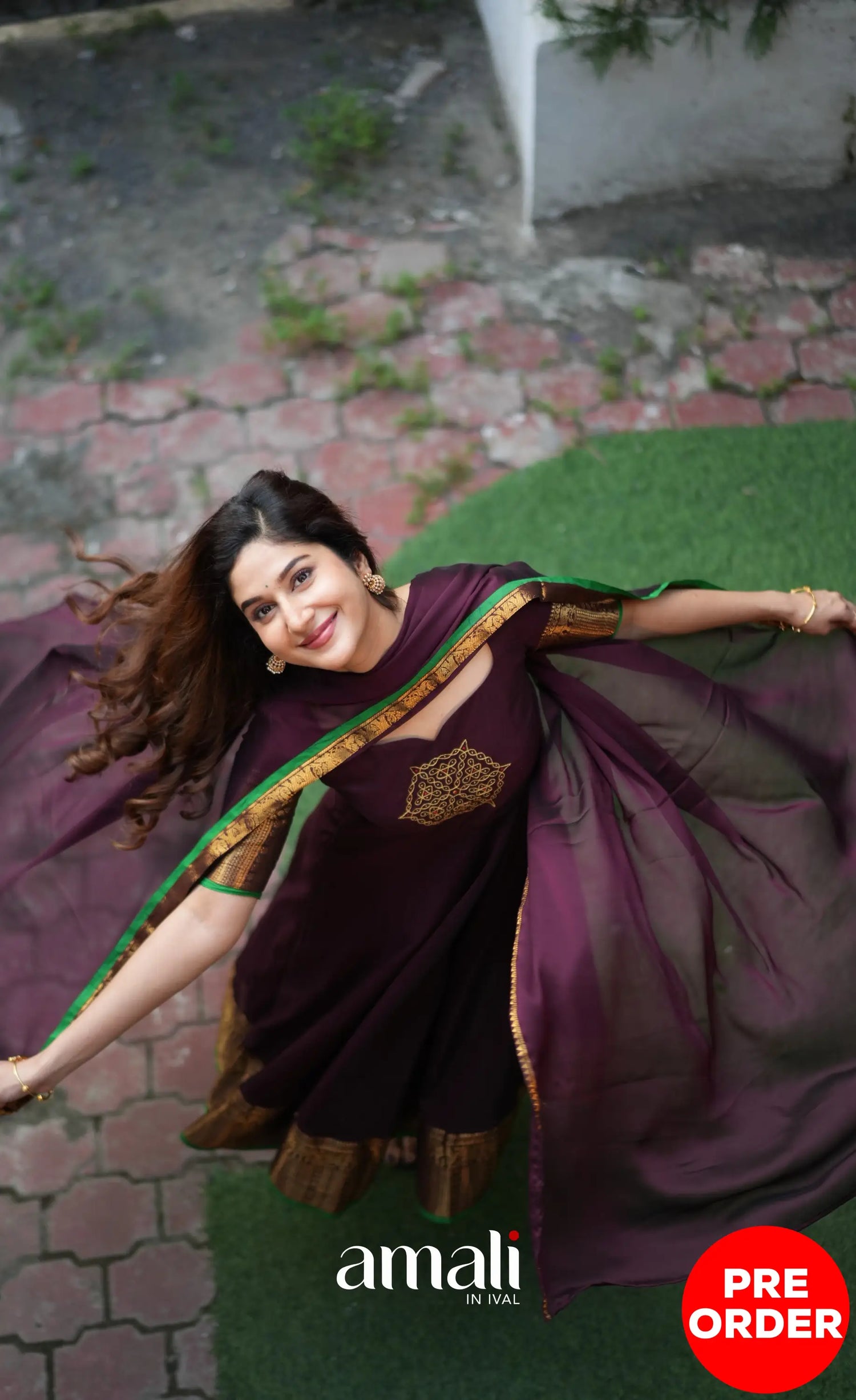Dark Plum and Green Cotton Anarkali Anarkalis