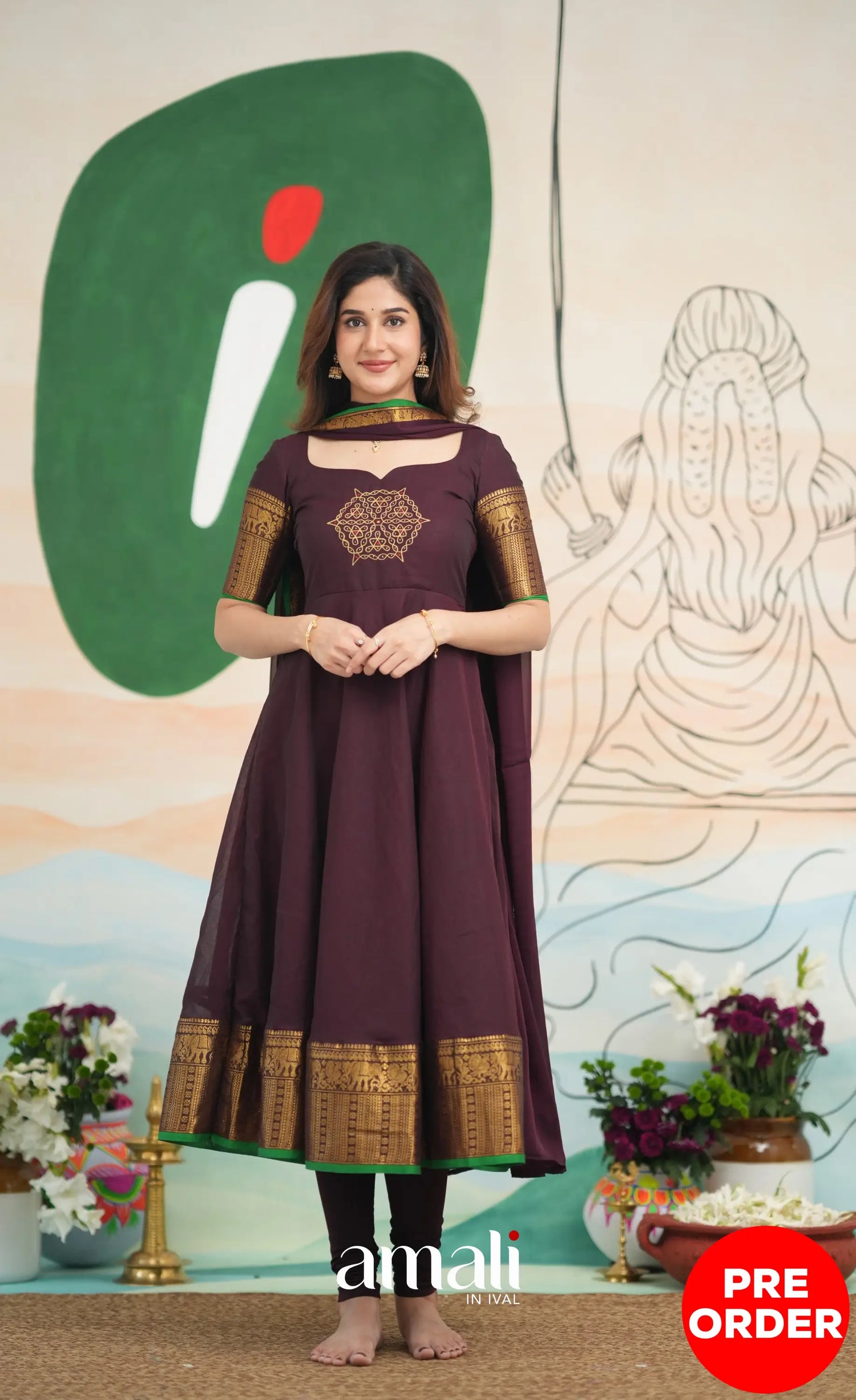 Dark Plum and Green Cotton Anarkali Anarkalis