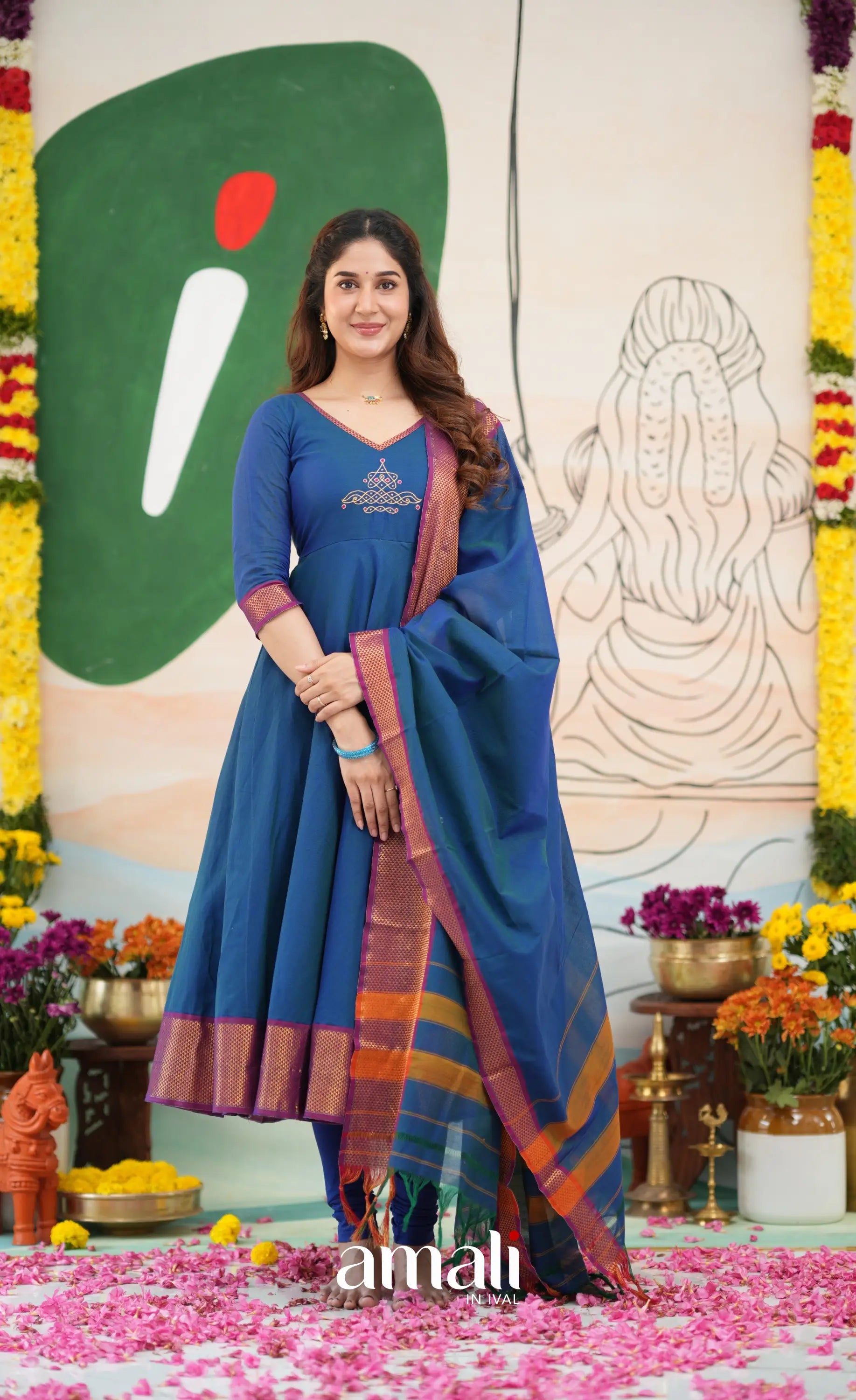 Deep blue and Magenta Narayanpet Cotton Anarkali - Anarkalis