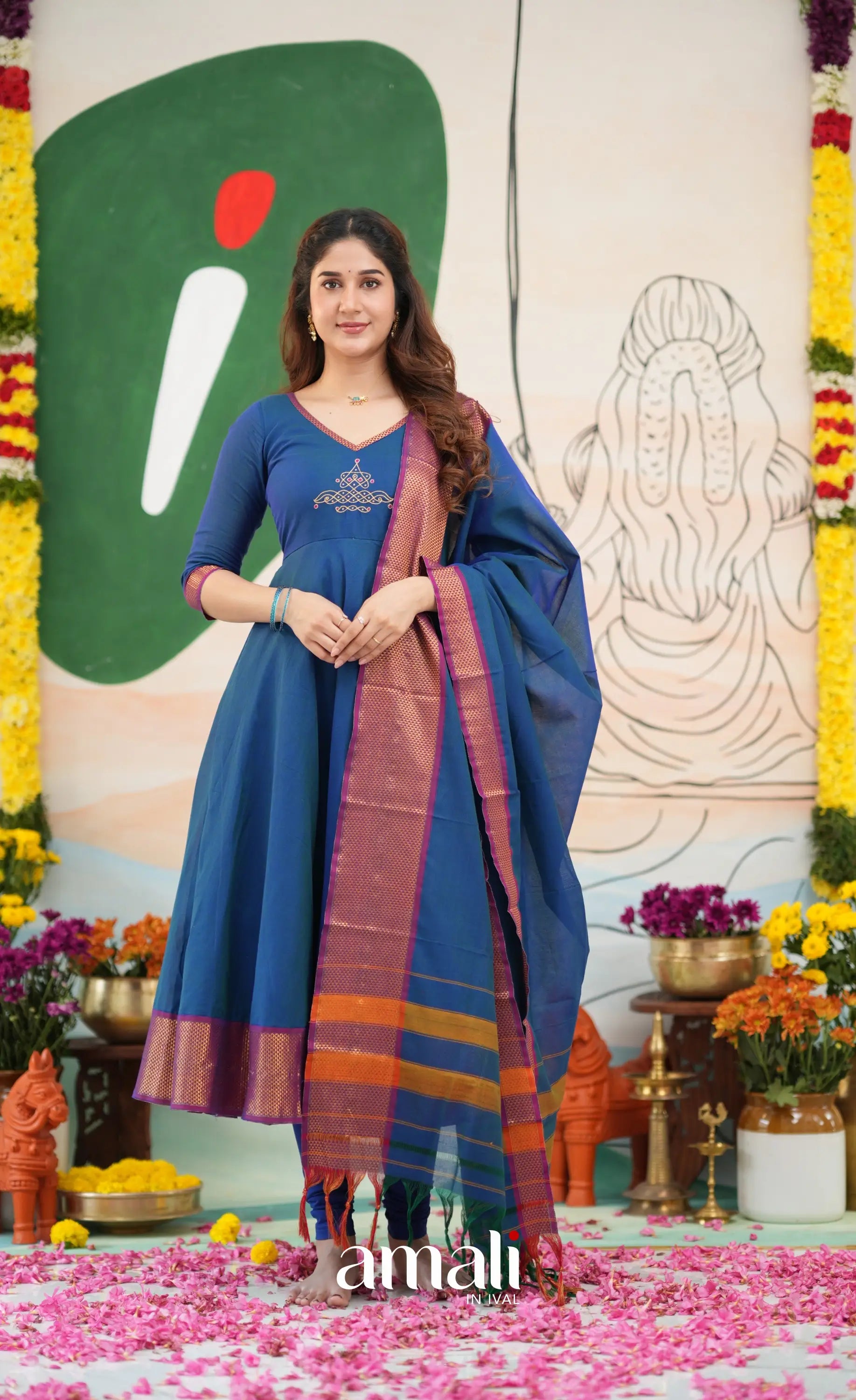 Deep blue and Magenta Narayanpet Cotton Anarkali - Anarkalis