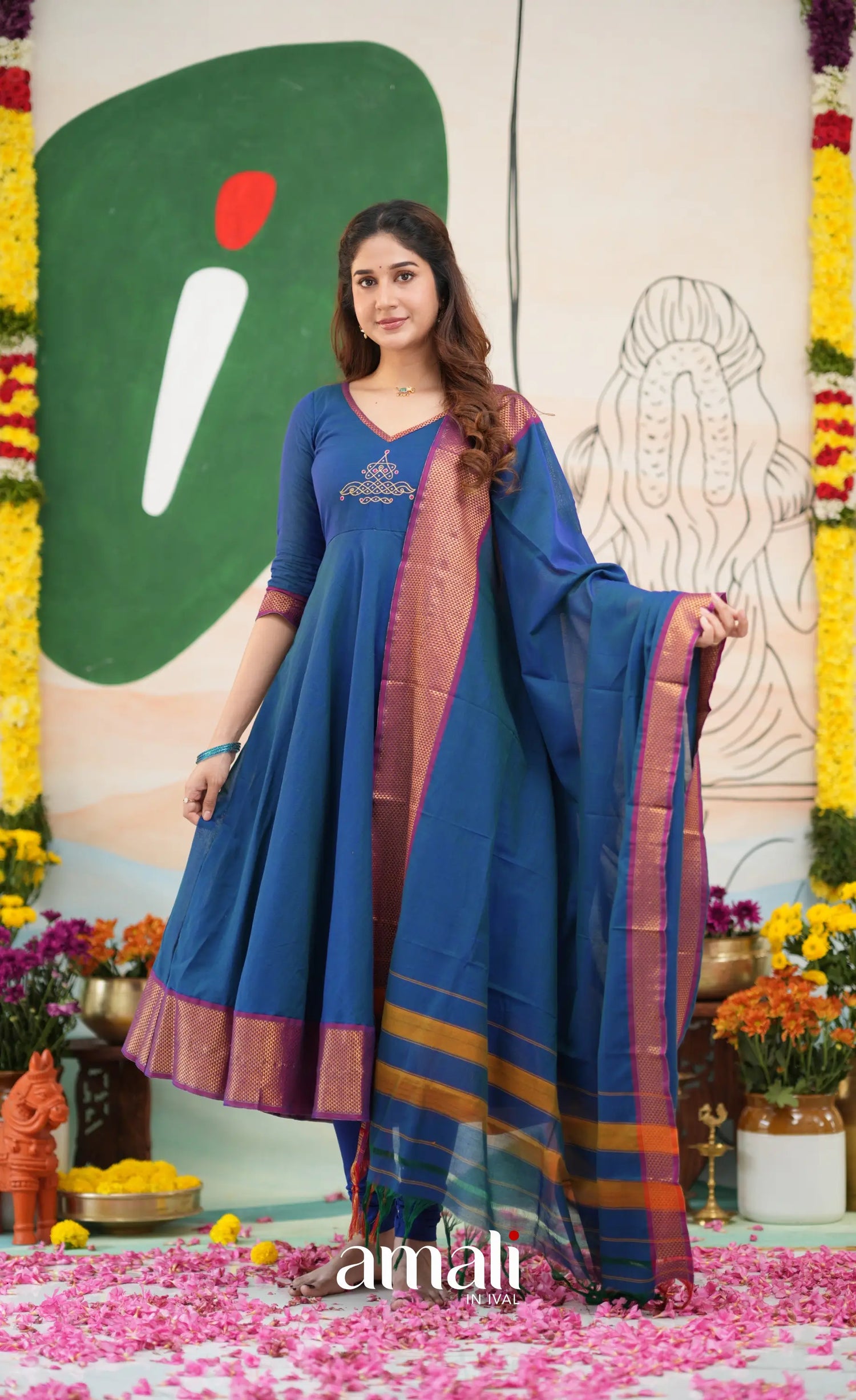 Deep blue and Magenta Narayanpet Cotton Anarkali - Anarkalis