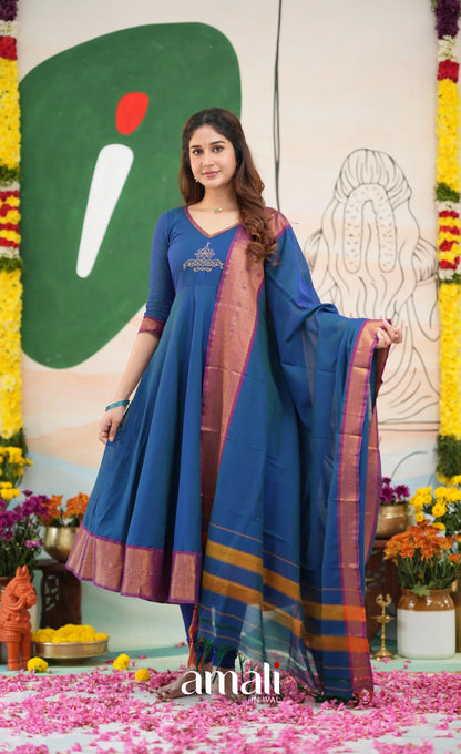 Deep blue and Magenta Narayanpet Cotton Anarkali - Anarkalis