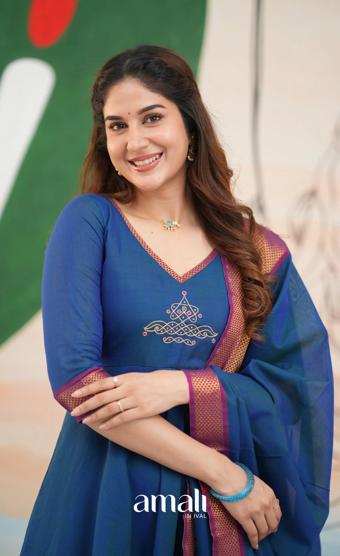 Deep blue and Magenta Narayanpet Cotton Anarkali - Anarkalis