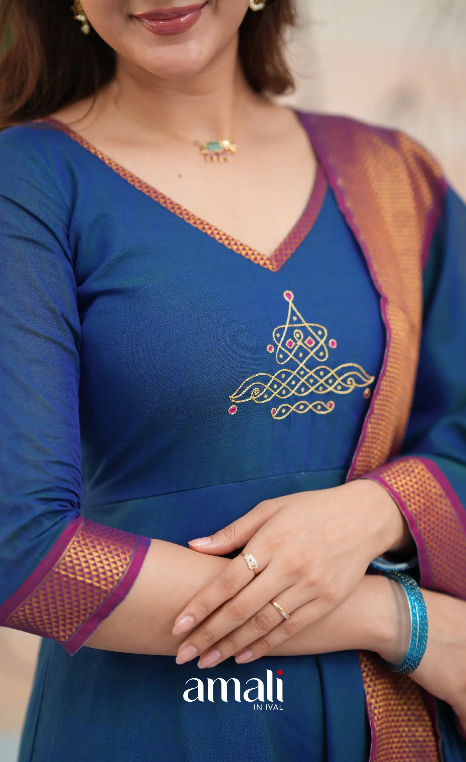 Deep blue and Magenta Narayanpet Cotton Anarkali - Anarkalis