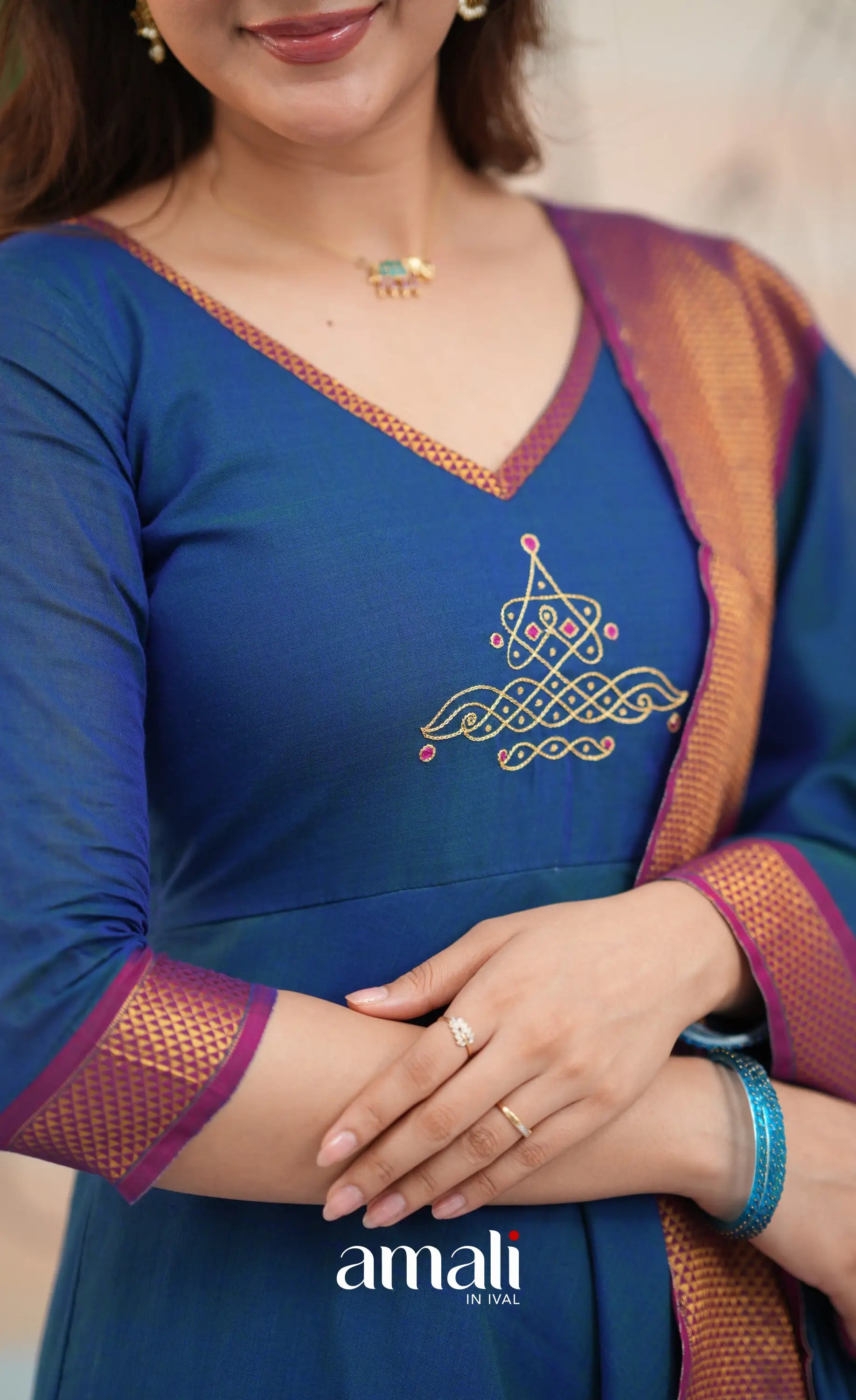 Deep blue and Magenta Narayanpet Cotton Anarkali - Anarkalis