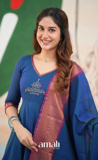Deep blue and Magenta Narayanpet Cotton Anarkali - Anarkalis