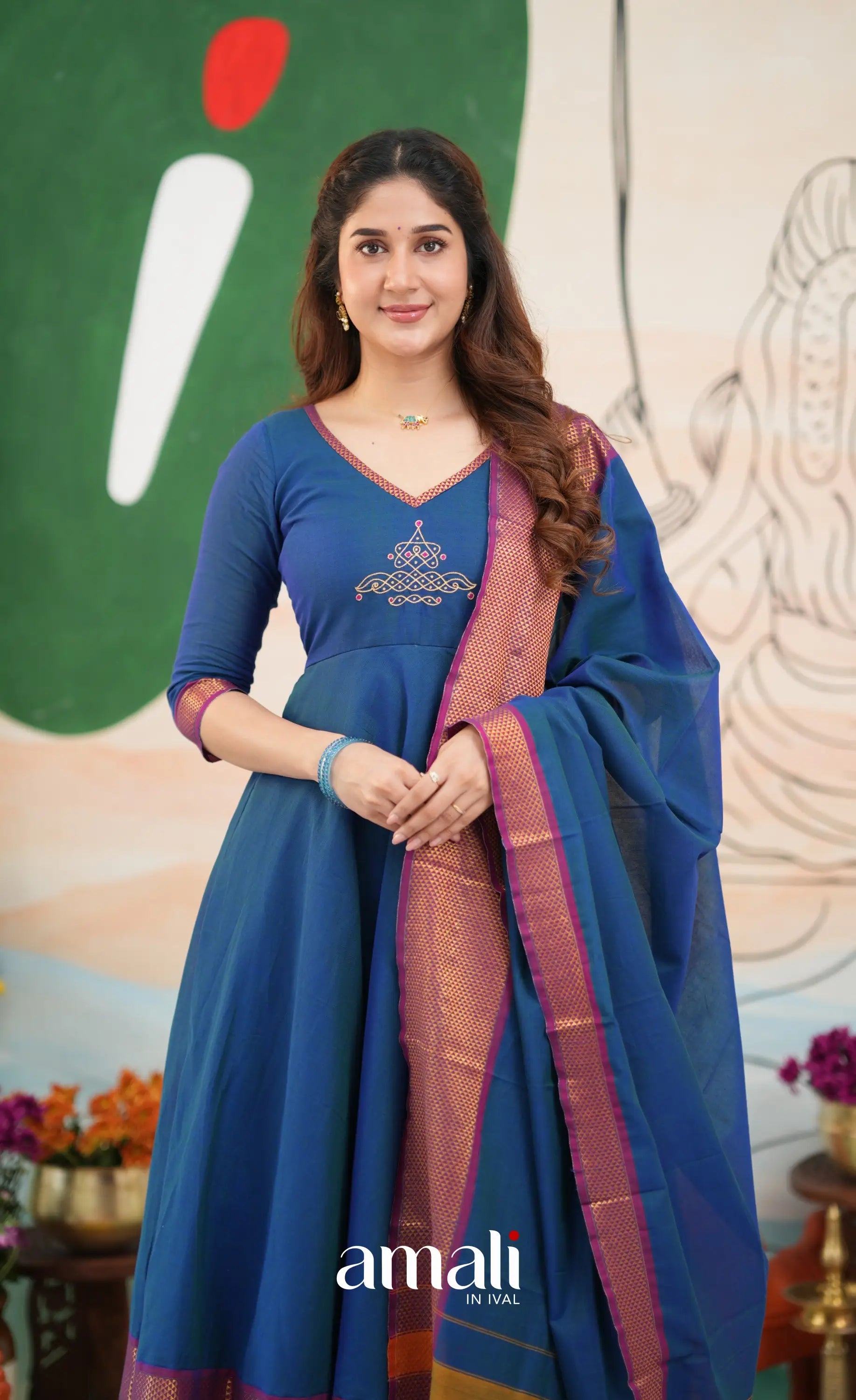 Deep blue and Magenta Narayanpet Cotton Anarkali - Anarkalis