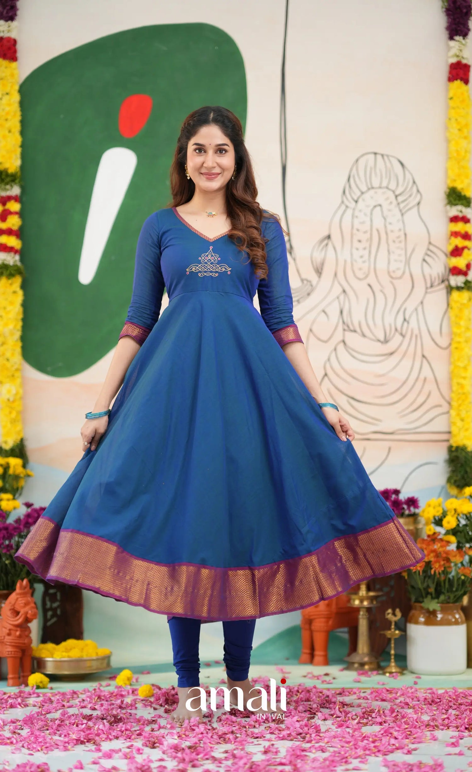 Deep blue and Magenta Narayanpet Cotton Anarkali - Anarkalis