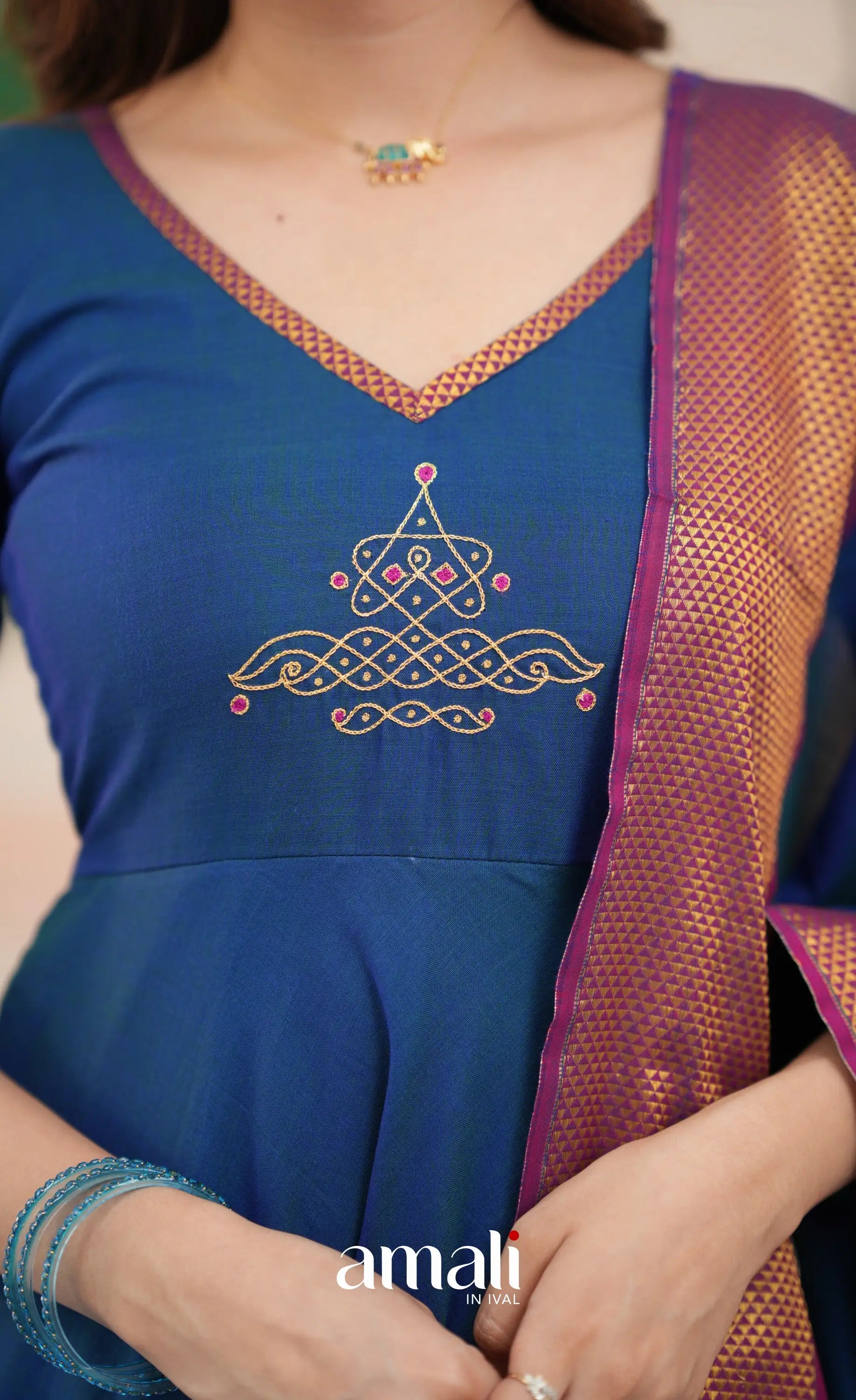 Deep blue and Magenta Narayanpet Cotton Anarkali - Anarkalis