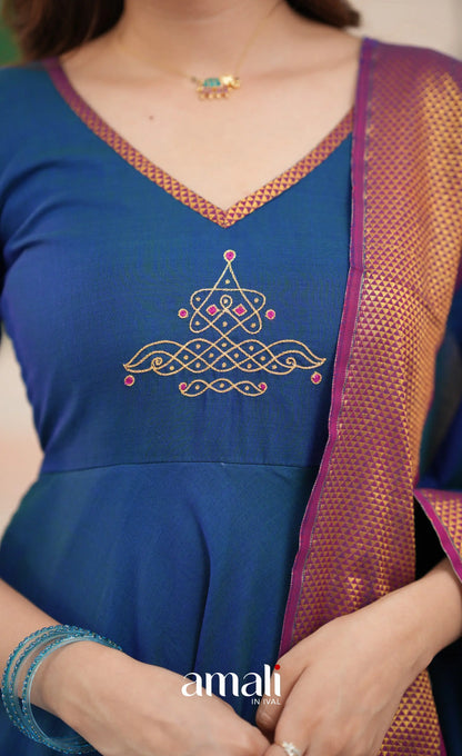Deep blue and Magenta Narayanpet Cotton Anarkali - Anarkalis