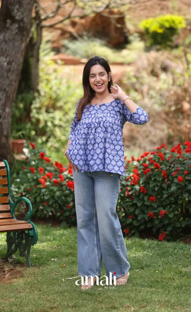 Deep Blue Jaipur Hand Block-Printed Short Top - salwar