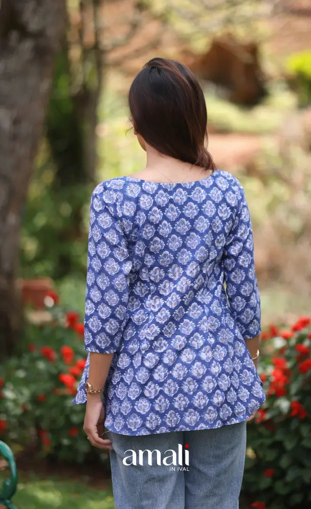 Deep Blue Jaipur Hand Block-Printed Short Top - salwar