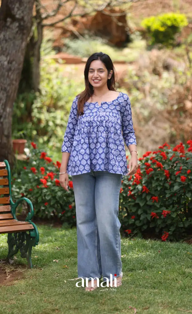 Deep Blue Jaipur Hand Block-Printed Short Top - salwar