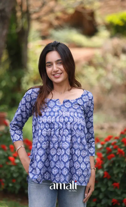 Deep Blue Jaipur Hand Block-Printed Short Top - salwar