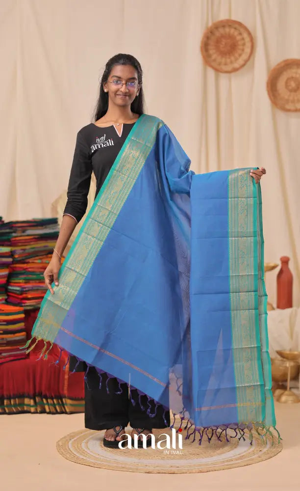 Deep Blue With Teal Blue Chettinad Cotton Dupatta salwar