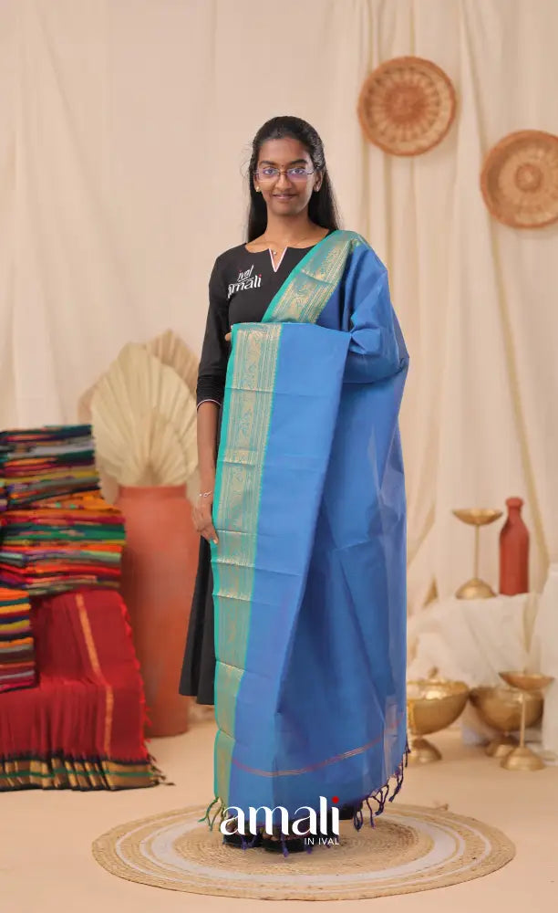 Deep Blue With Teal Blue Chettinad Cotton Dupatta salwar