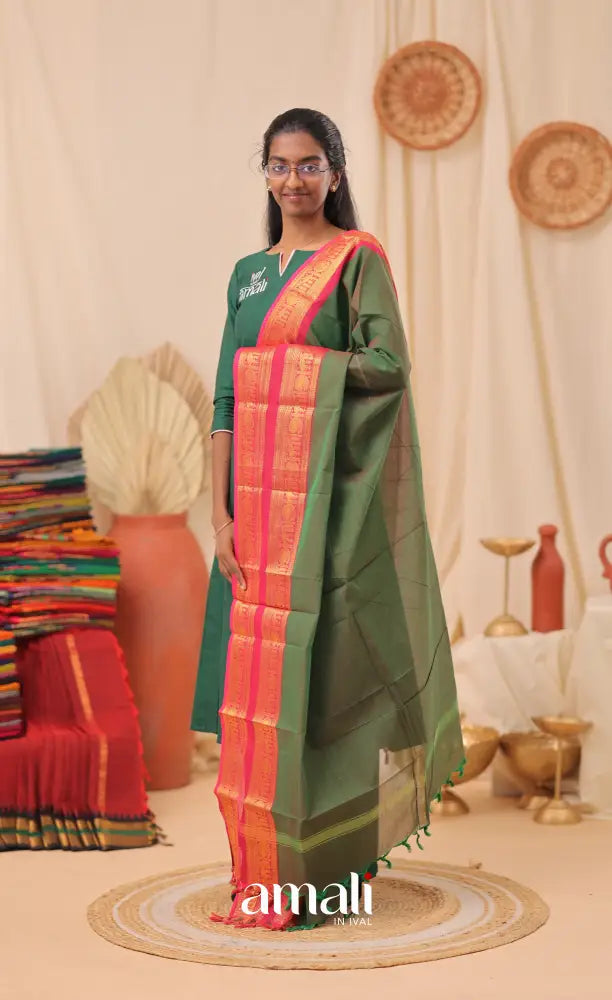 Deep Green With Magenta Pink Chettinad Cotton Dupatta salwar