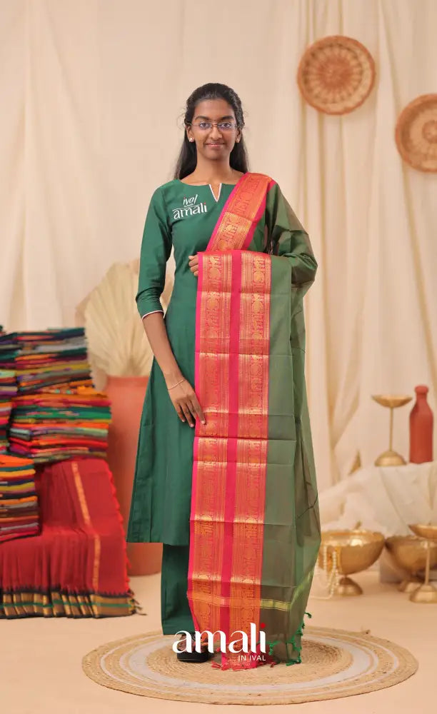 Deep Green With Magenta Pink Chettinad Cotton Dupatta salwar
