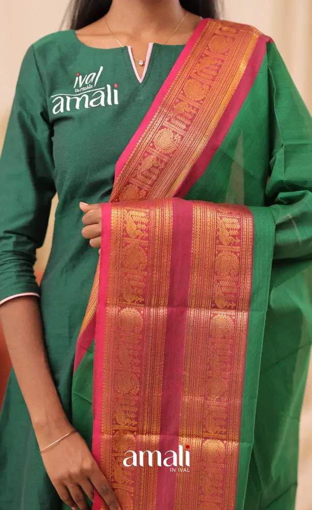 Deep Green With Magenta Pink Chettinad Cotton Dupatta salwar