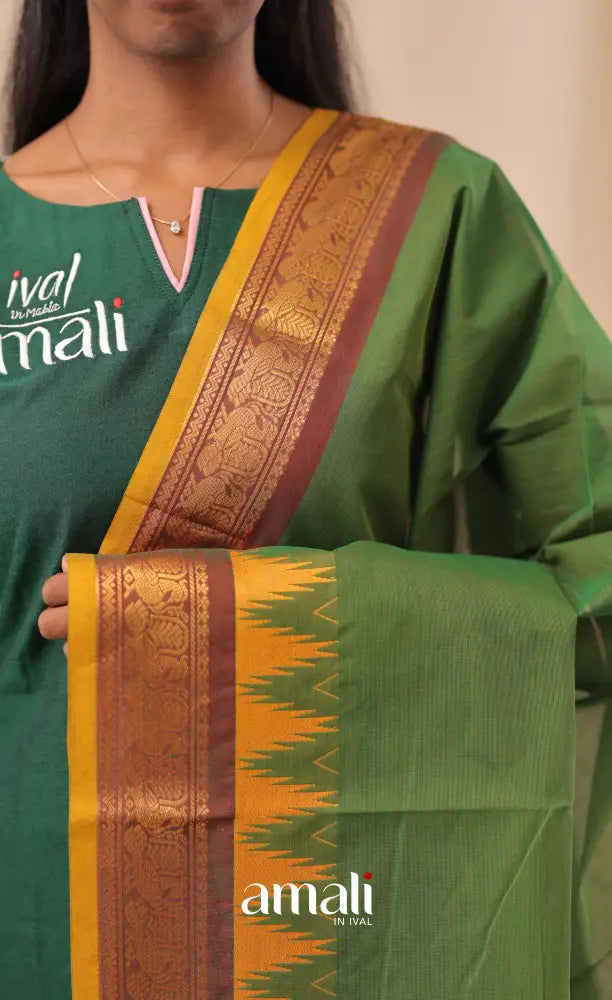 Deep Green With Mustard Yellow Chettinad Cotton Dupatta salwar