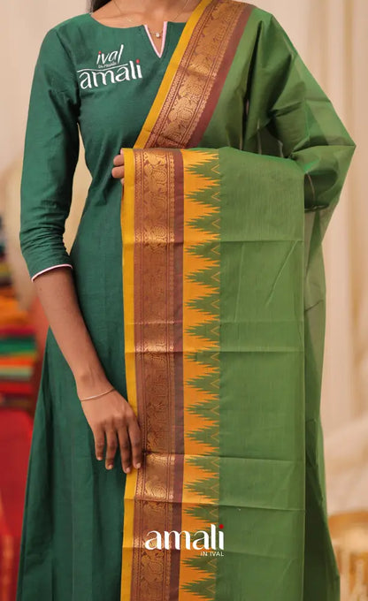 Deep Green With Mustard Yellow Chettinad Cotton Dupatta salwar
