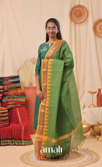 Deep Green With Mustard Yellow Chettinad Cotton Dupatta salwar