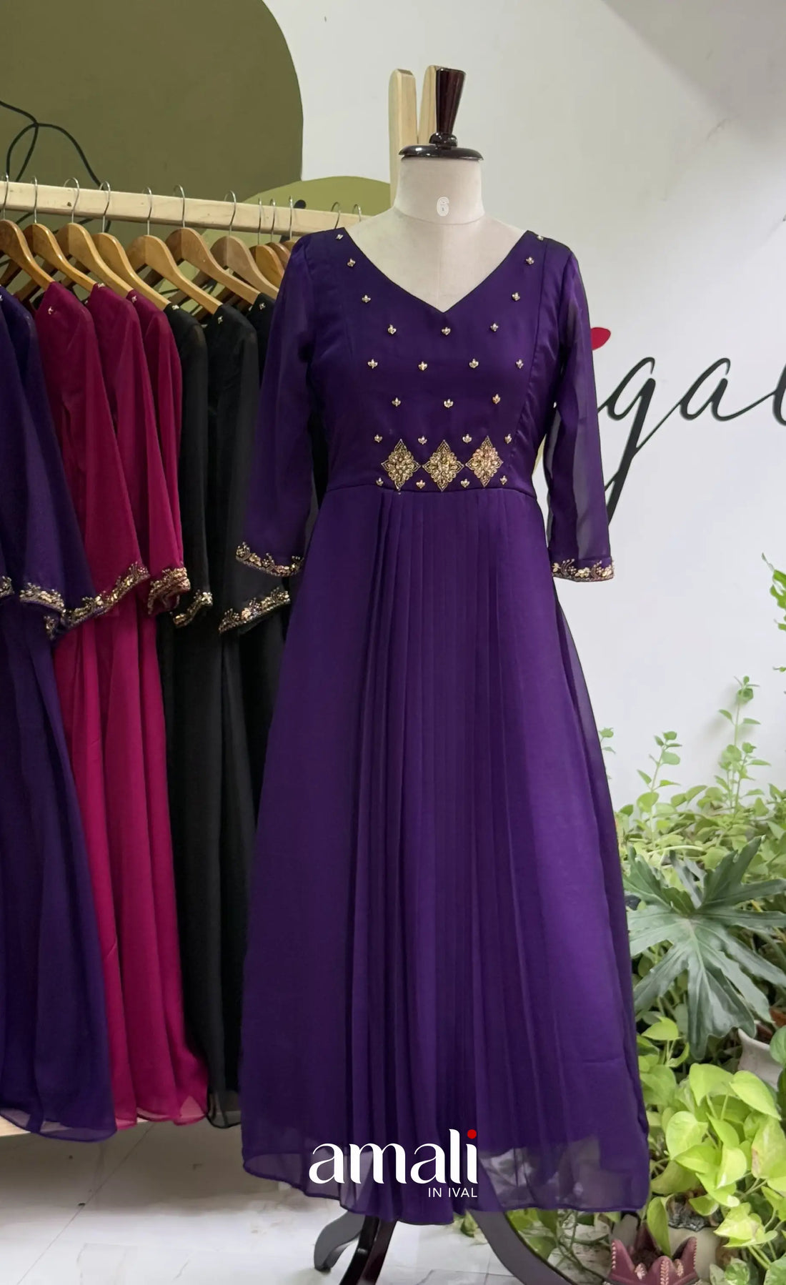 Deep Purple Aari Handworked Georgette A-Line Top - salwar