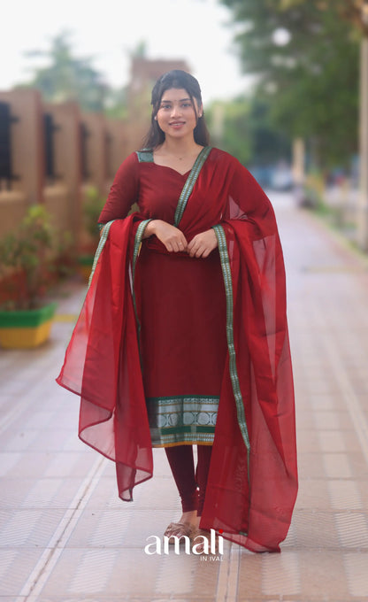 Deep Red and Bottle Green Chettinad Cotton Salwar Set - salwar