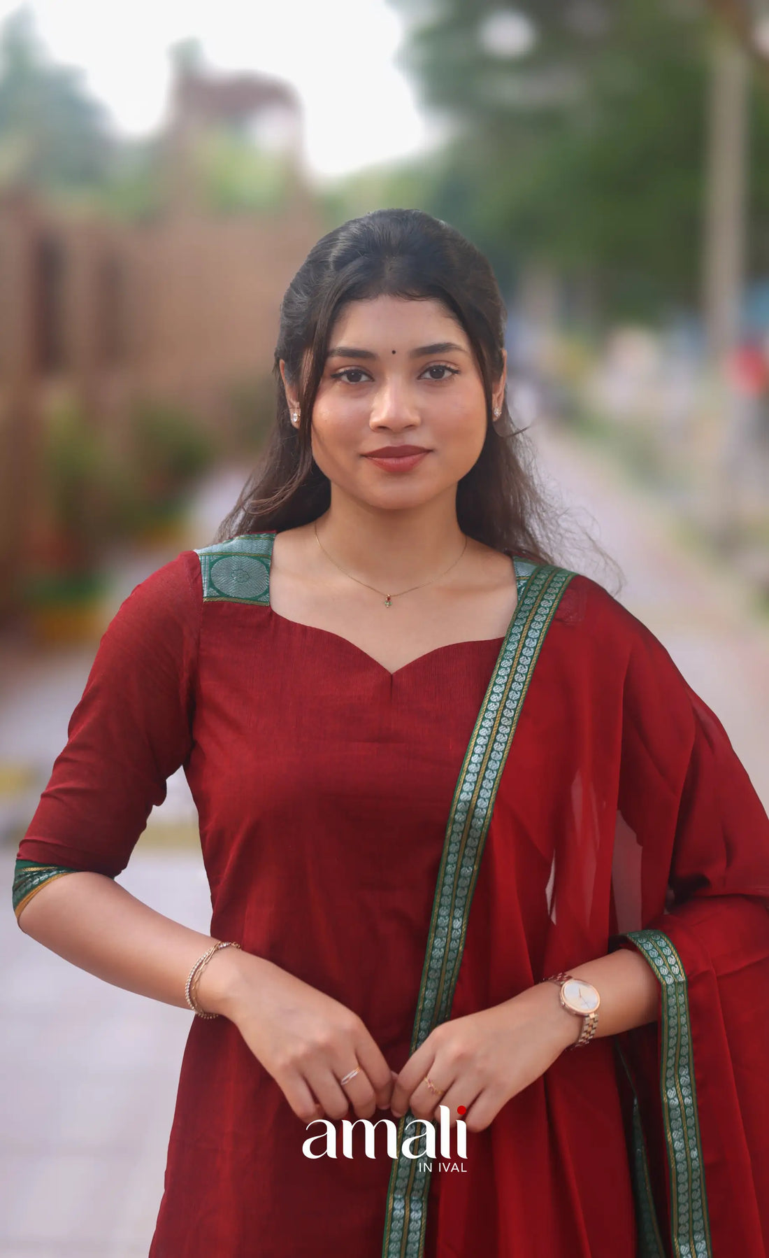 Deep Red and Bottle Green Chettinad Cotton Salwar Set - salwar